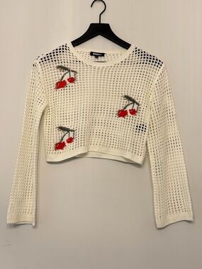 Fashion Nova Cream Crochet Crop Sweater with Red Cherry Motifs